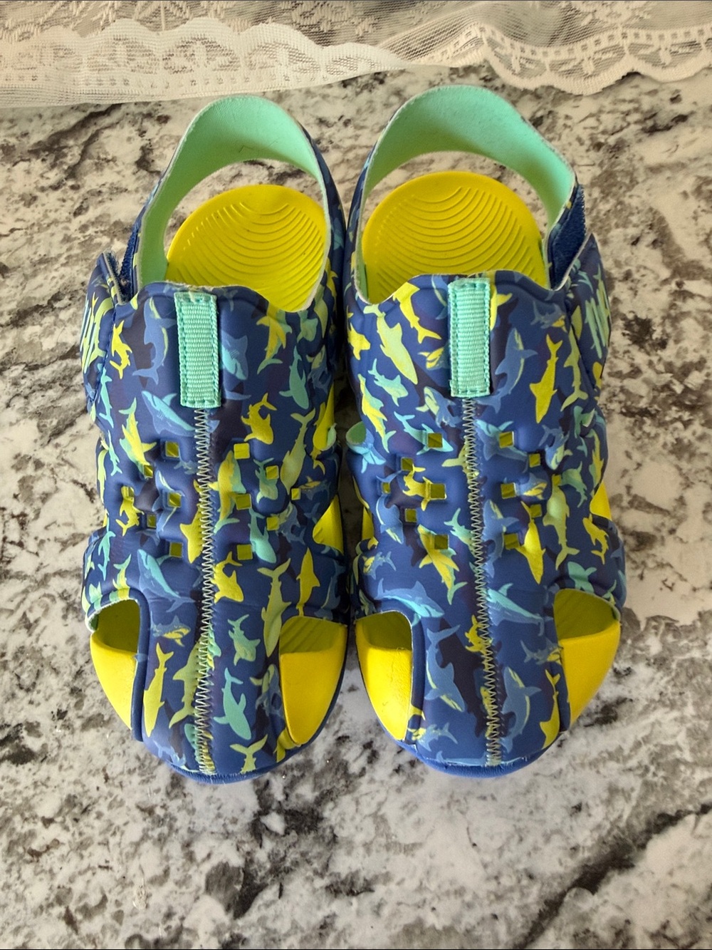 Kids Shark Print Sport Sandals in Blue and Yellow